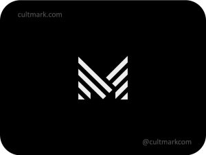 Cultmark Geometric Letter M logo, minimalist white monogram made of parallel diagonal lines for construction, tech, or professional business identity on black background.