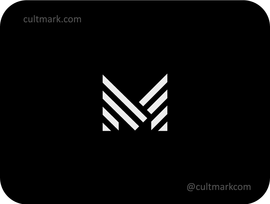 Cultmark Geometric Letter M logo, minimalist white monogram made of parallel diagonal lines for construction, tech, or professional business identity on black background.