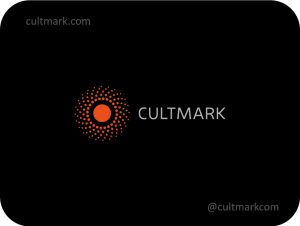Cultmark Abstract Sun logo, minimalist orange dotted spiral sun symbol for solar energy, tech startup, or creative agency business identity on black background.