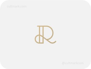 Cultmark Elegant Letter R monogram, minimalist gold-tone calligraphic letter symbol for luxury fashion, wedding, or beauty business identity.