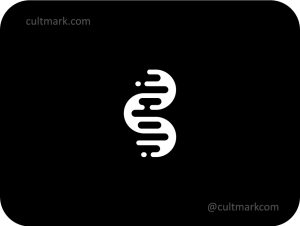 Cultmark Abstract DNA Helix logo, minimalist white double helix symbol for biotech, medical laboratory, or genetics business identity on black background.