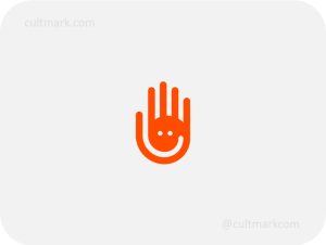 Cultmark Happy Hand logo, minimalist orange hand symbol with a smiling face for education, community, or non-profit business identity.