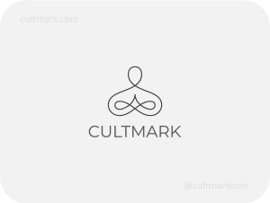 Cultmark Human Yoga logo, minimalist line-art meditation symbol for wellness, yoga studio, or mindfulness business identity on light background.