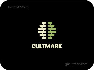 Cultmark Brain Waves logo, minimalist green and cream brain symbol with frequency lines for AI, neuro-tech, or audio startup business identity on black background.
