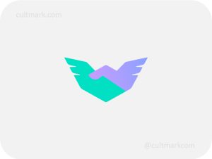 Cultmark Partnership Wings logo, minimalist teal and lavender handshake symbol forming a wing shape for fintech, logistics, or global business collaboration business identity on light background.