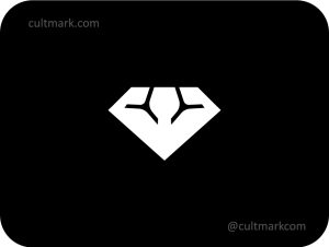 Cultmark Diamond Bodybuilder logo, minimalist white crystal gem symbol forming a muscular male torso for premium fitness, gym, or sports nutrition business identity on black background.