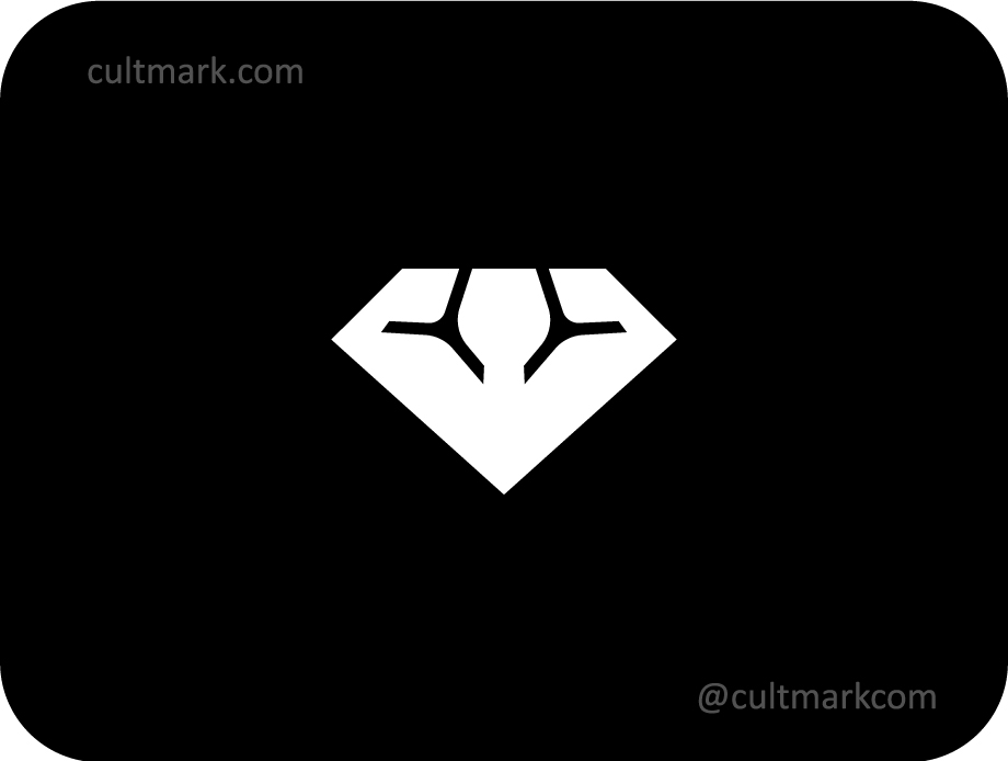 Cultmark Diamond Bodybuilder logo, minimalist white crystal gem symbol forming a muscular male torso for premium fitness, gym, or sports nutrition business identity on black background.