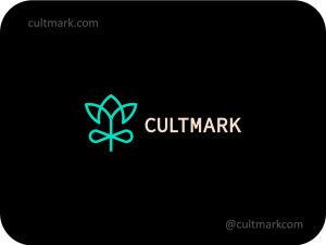 Cultmark Flower Crown logo, minimalist teal line-art symbol combining a blossom and a royal crown for premium wellness, organic beauty, or luxury eco-friendly business identity on black background.