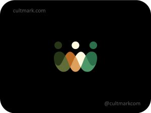 Cultmark Community Crown logo, minimalist warm-toned 'W' symbol with integrated people figures forming a crown for non-profit, social platform, or leadership coaching business identity on black background.