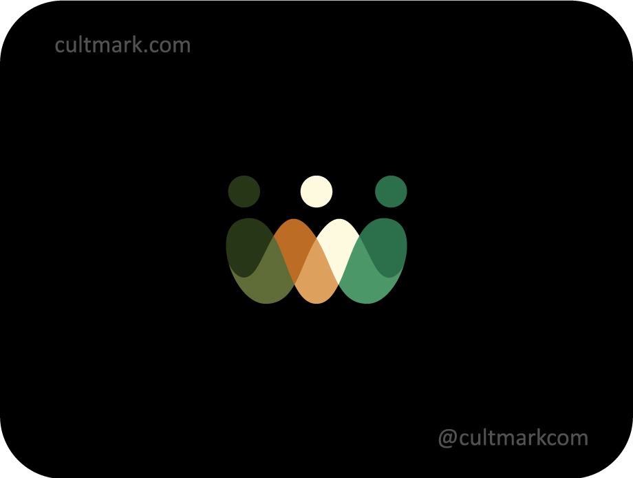 Cultmark Community Crown logo, minimalist warm-toned 'W' symbol with integrated people figures forming a crown for non-profit, social platform, or leadership coaching business identity on black background.