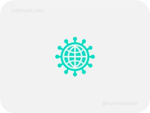 Cultmark Global Network logo, minimalist teal globe symbol with connection nodes for tech startup, logistics, or global marketing business identity on light background.