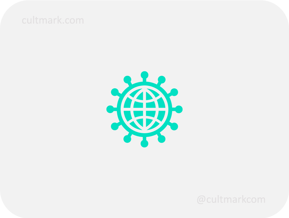 Cultmark Global Network logo, minimalist teal globe symbol with connection nodes for tech startup, logistics, or global marketing business identity on light background.