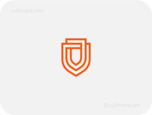 Cultmark Shield Security logo, minimalist orange double-line shield symbol for cybersecurity, insurance, or legal business identity on light background.