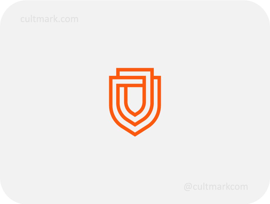 Cultmark Shield Security logo, minimalist orange double-line shield symbol for cybersecurity, insurance, or legal business identity on light background.