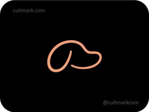 Cultmark Dog Line logo, minimalist peach line-art dog silhouette for veterinary clinic, pet shop, or dog training business identity on black background.