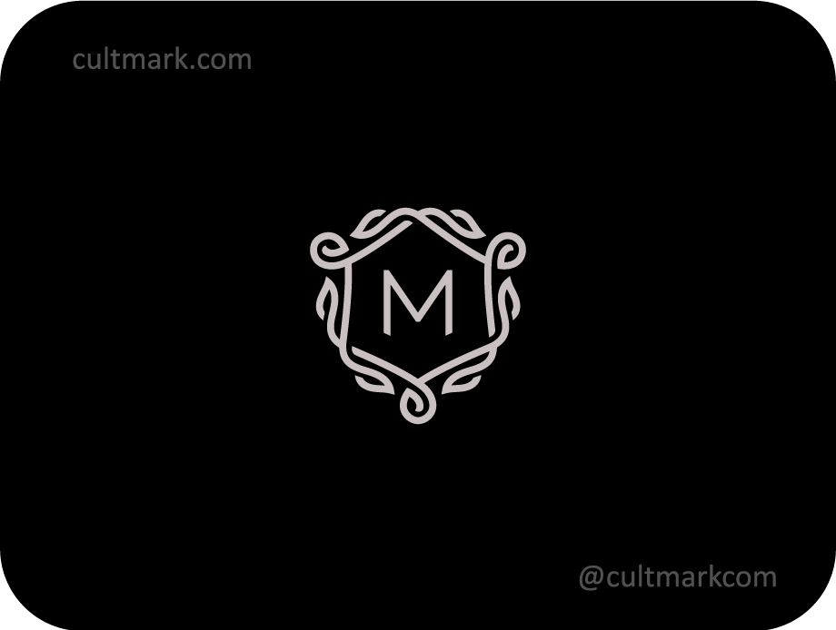 Cultmark Elegant Letter M Shield logo, minimalist ornate heraldic symbol with decorative flourishes for luxury hotel, real estate, or premium law firm business identity on black background.