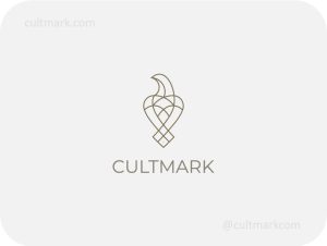 Cultmark Bird Heart Lines logo, minimalist olive-toned line-art symbol combining a bird and a heart for jewelry brand, wedding agency, or luxury boutique business identity on light background.