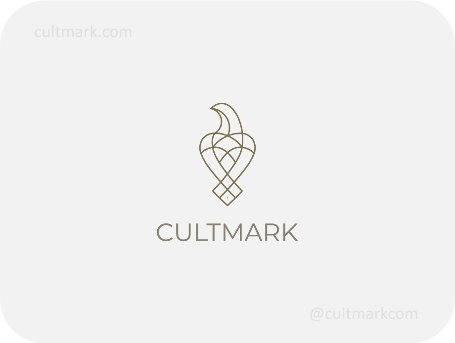 Cultmark Bird Heart Lines logo, minimalist olive-toned line-art symbol combining a bird and a heart for jewelry brand, wedding agency, or luxury boutique business identity on light background.