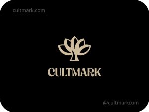 Cultmark Premium Tree logo, minimalist gold-beige tree symbol with symmetrical leaf canopy for wealth management, eco-luxury hotel, or family business identity on black background.