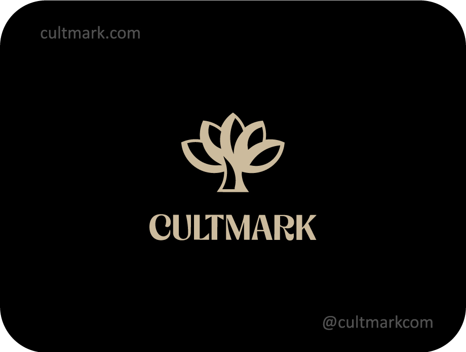 Cultmark Premium Tree logo, minimalist gold-beige tree symbol with symmetrical leaf canopy for wealth management, eco-luxury hotel, or family business identity on black background.