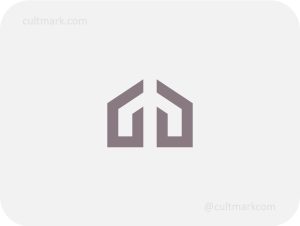 Cultmark Modern Geometric House logo, minimalist taupe symbol featuring a split house silhouette for real estate, architecture, or interior design business identity on light background.
