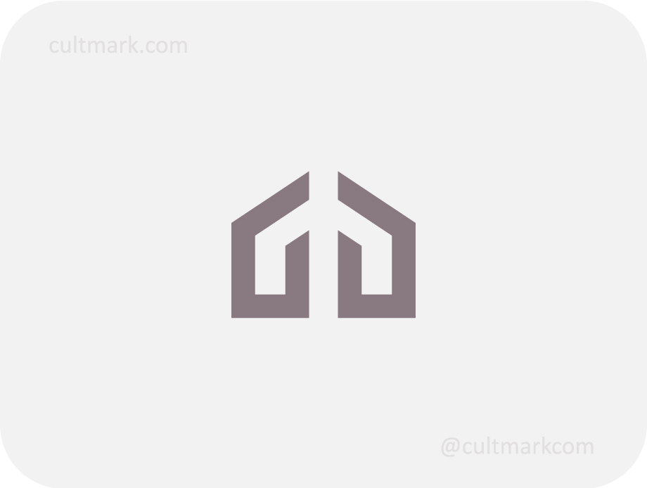 Cultmark Modern Geometric House logo, minimalist taupe symbol featuring a split house silhouette for real estate, architecture, or interior design business identity on light background.