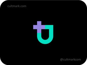 Cultmark Medical Shield Cross logo, minimalist teal and purple geometric symbol combining a shield and a plus sign for pharmacy, clinic, or health insurance business identity on black background.
