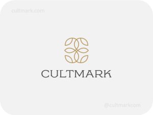 Cultmark Graceful Flower logo, minimalist gold and grey line-art symbol featuring a symmetrical blossom for high-end organic cosmetics, beauty salon, or luxury spa business identity on light background.