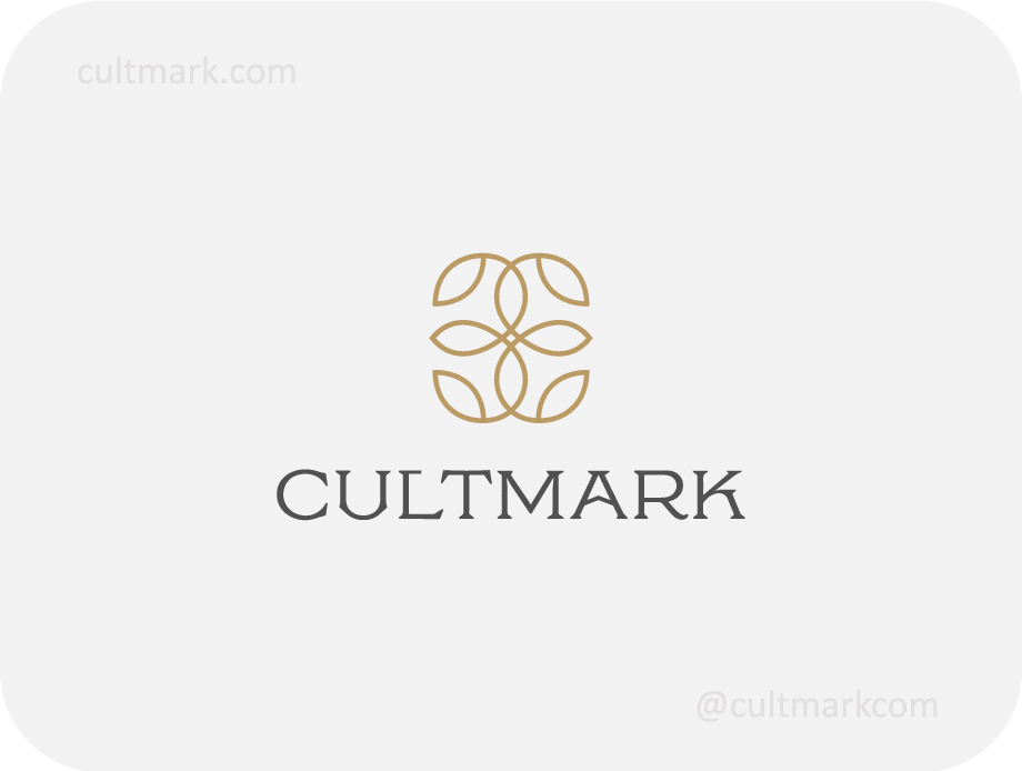 Cultmark Graceful Flower logo, minimalist gold and grey line-art symbol featuring a symmetrical blossom for high-end organic cosmetics, beauty salon, or luxury spa business identity on light background.
