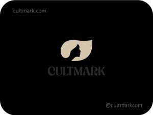 Cultmark Hair Leaf logo, minimalist beige silhouette of a woman with hair transforming into a leaf for organic hair care, botanical stylist, or eco-beauty salon business identity on black background.