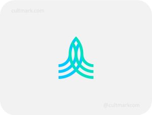 Cultmark Abstract Fish Rocket logo, minimalist teal and blue line-art symbol combining a rocket launch and a fish silhouette for tech startup, seafood innovation, or marketing agency business identity on light background.