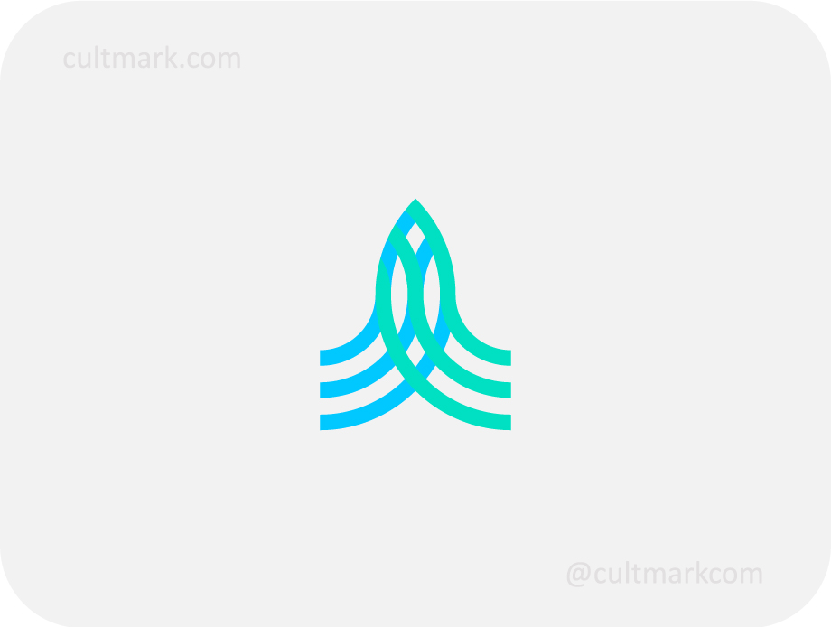 Cultmark Abstract Fish Rocket logo, minimalist teal and blue line-art symbol combining a rocket launch and a fish silhouette for tech startup, seafood innovation, or marketing agency business identity on light background.
