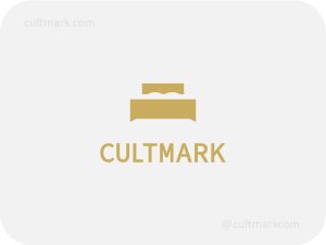 Cultmark Minimalist Hotel Bed logo, clean gold geometric symbol of a bed for luxury hospitality, furniture store, or interior design business identity on light background.