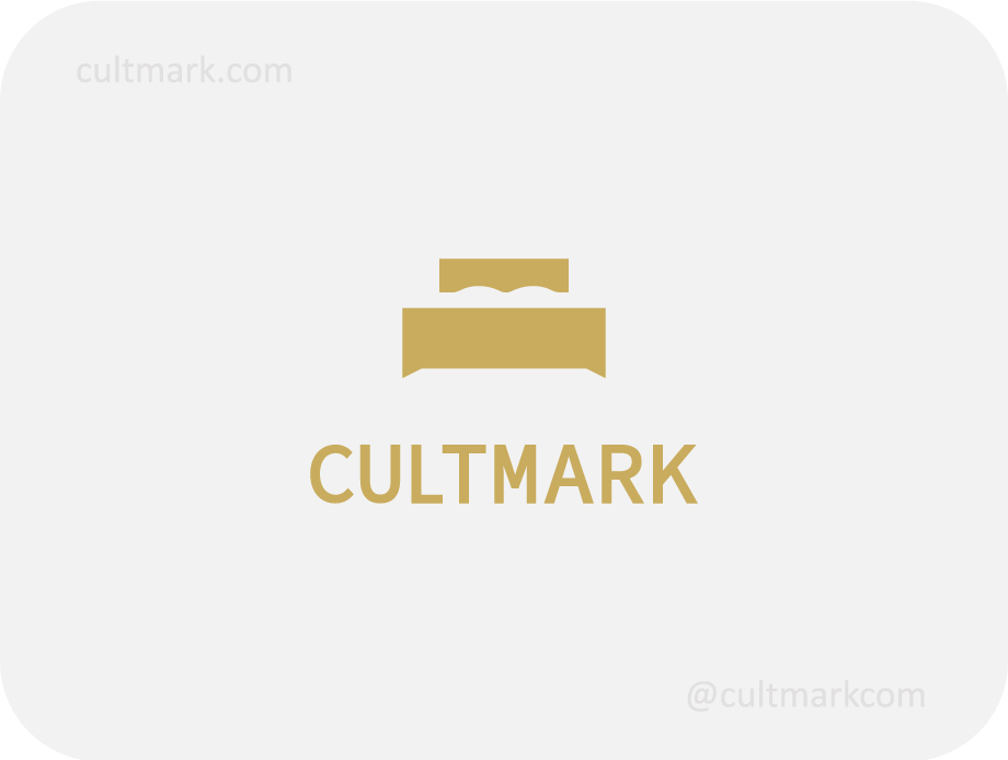 Cultmark Minimalist Hotel Bed logo, clean gold geometric symbol of a bed for luxury hospitality, furniture store, or interior design business identity on light background.