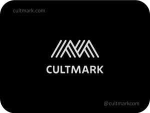 Cultmark Geometric Letter M logo, minimalist white line-art symbol featuring a rhythmic linear letter M for construction, architecture, or engineering business identity on black background.