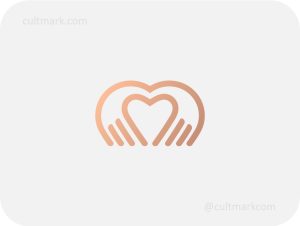 Cultmark Heart Care Hands logo, minimalist rose-gold line-art symbol featuring hands forming a heart for healthcare, charity, or wellness business identity on light background.