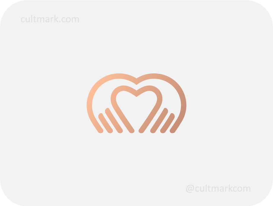 Cultmark Heart Care Hands logo, minimalist rose-gold line-art symbol featuring hands forming a heart for healthcare, charity, or wellness business identity on light background.