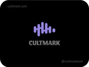 Cultmark Neuro Wave Brain logo, minimalist purple geometric symbol combining a brain silhouette and audio bars for AI technology, neuroscience, or podcast business identity on black background.