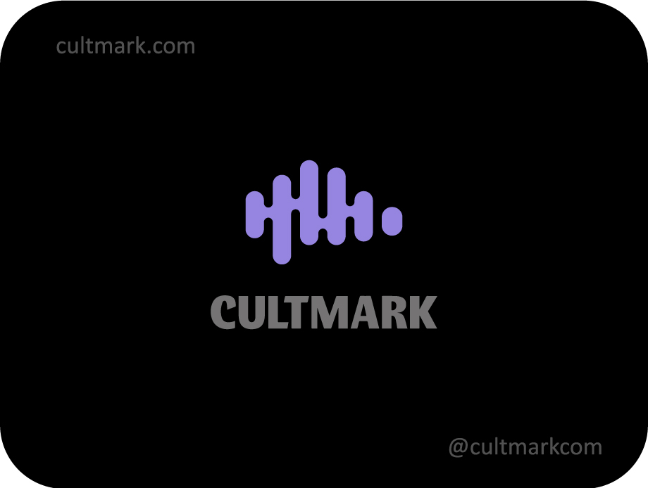 Cultmark Neuro Wave Brain logo, minimalist purple geometric symbol combining a brain silhouette and audio bars for AI technology, neuroscience, or podcast business identity on black background.