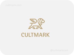 Cultmark Winged Lion logo, minimalist gold line-art symbol of a mythical lion with wings for financial, legal, or luxury automotive business identity on light background.