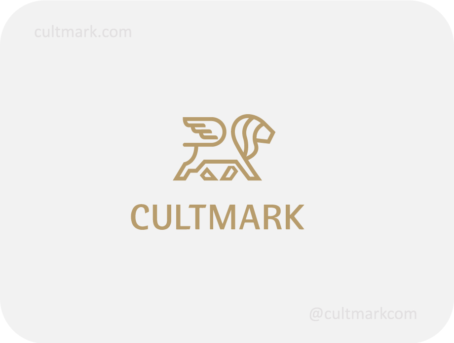 Cultmark Winged Lion logo, minimalist gold line-art symbol of a mythical lion with wings for financial, legal, or luxury automotive business identity on light background.