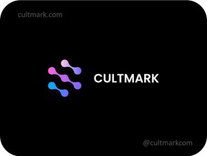Cultmark Fluid Atom Tech logo, vibrant gradient vector symbol of interconnected nodes representing molecular science and digital technology for biotech or IT business identity.