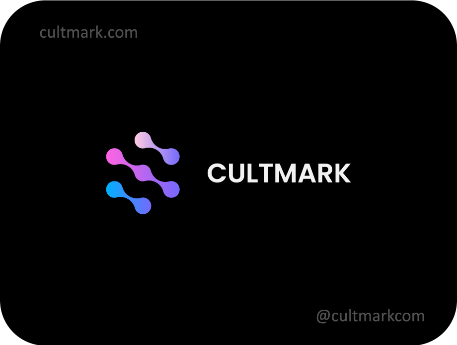 Cultmark Fluid Atom Tech logo, vibrant gradient vector symbol of interconnected nodes representing molecular science and digital technology for biotech or IT business identity.