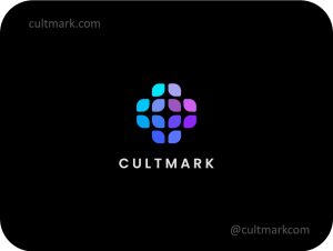 Cultmark Gradient Mosaic Cross logo, vibrant blue and purple vector symbol of a modular medical cross made of leaf shapes representing digital healthcare and innovation for tech or medical business identity.
