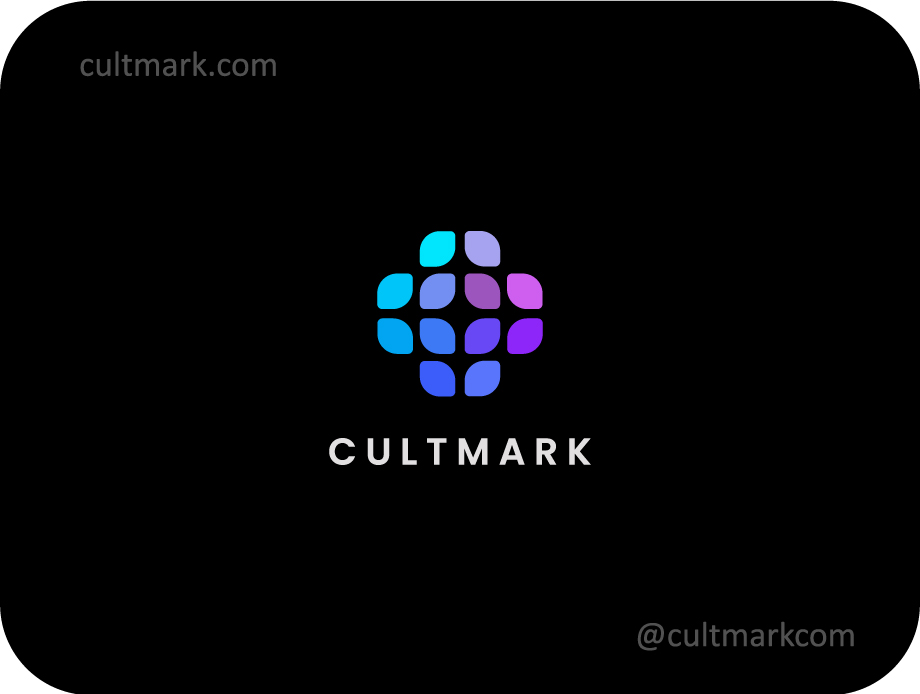 Cultmark Gradient Mosaic Cross logo, vibrant blue and purple vector symbol of a modular medical cross made of leaf shapes representing digital healthcare and innovation for tech or medical business identity.