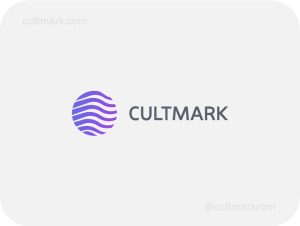 Cultmark Global Planet logo, vibrant purple gradient vector sphere with wavy lines representing space technology and global connectivity for aerospace or IT business identity.