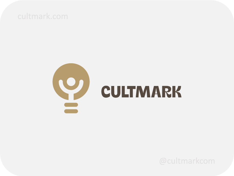 Cultmark Insight logo, gold vector symbol of a lightbulb containing a human silhouette with arms raised, representing inspiration and personal growth for coaching or wellness business identity.