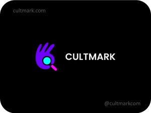 Cultmark Smart Search logo, vibrant purple and pink vector symbol of a hand gesture merged with a magnifying glass representing expert search and quality approval for business identity.