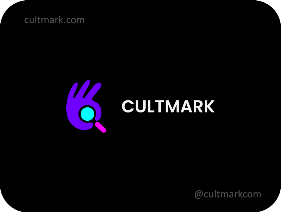 Cultmark Smart Search logo, vibrant purple and pink vector symbol of a hand gesture merged with a magnifying glass representing expert search and quality approval for business identity.