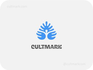 Cultmark Human Leaf Eco logo, vibrant blue vector leaf symbol with a human figure in negative space representing yoga, mindfulness, and environmental harmony for wellness business identity.